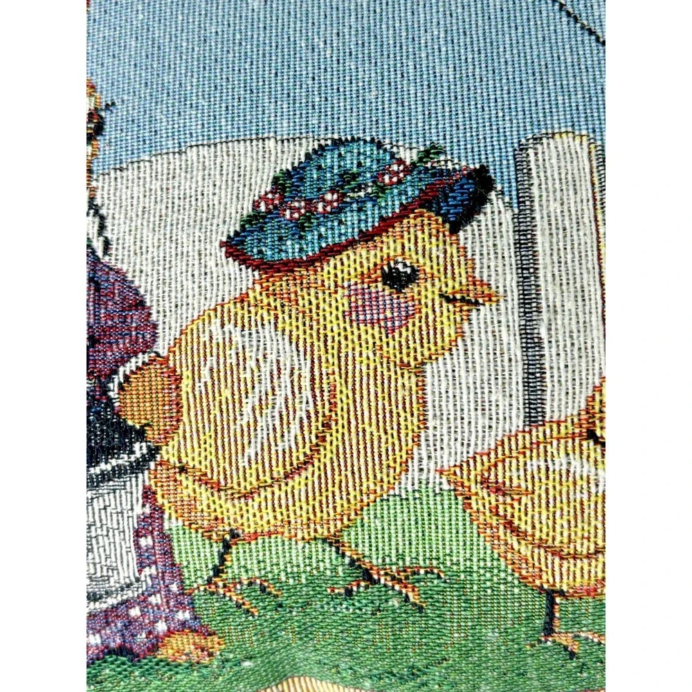 Vintage Tapestry Easter Pillow Rabbits Chicks Farm Scene Needlepoint Style Decor